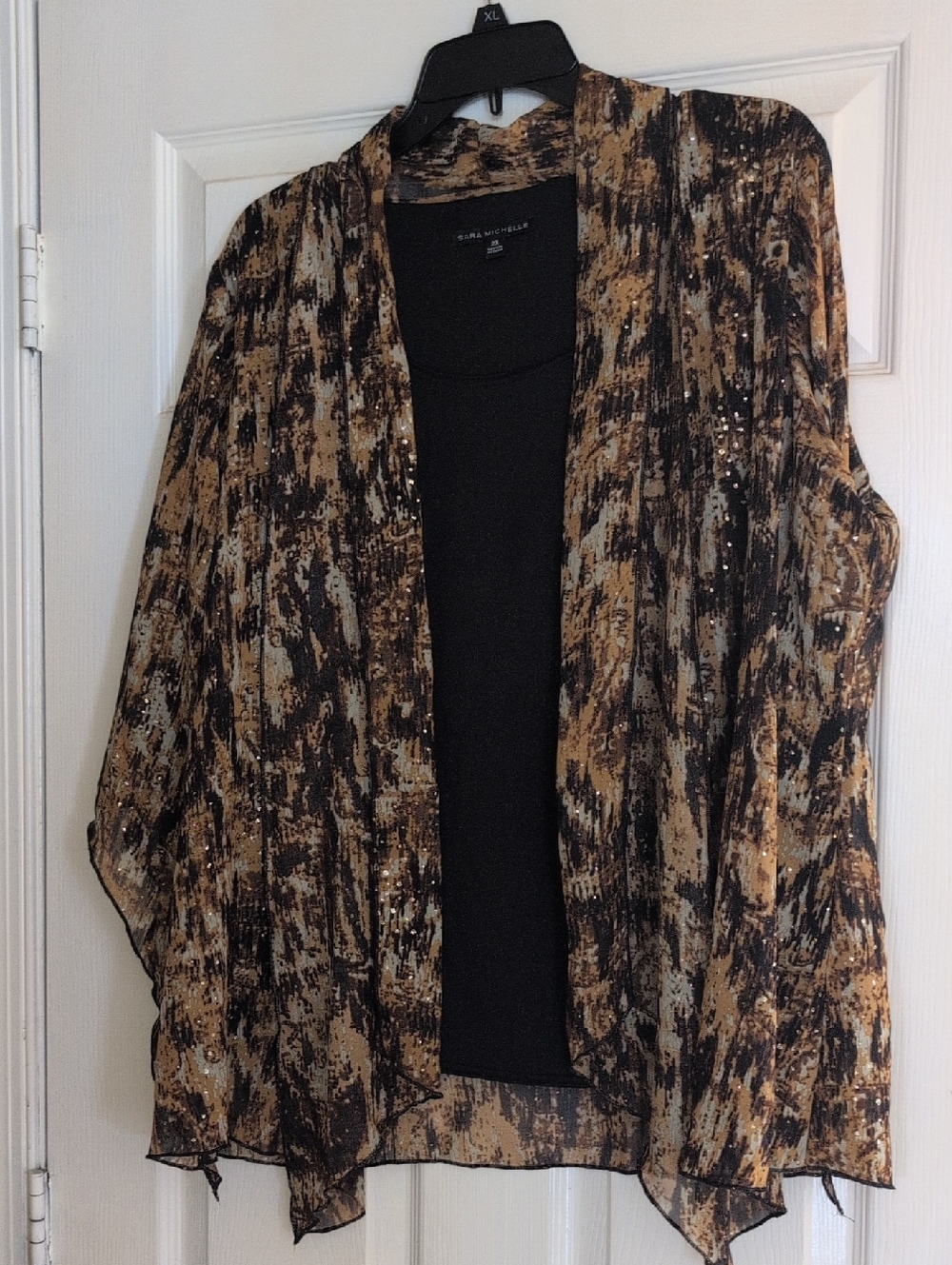 Sara Michelle Black & Brown Sequin Open-Front Wrap Cardigan